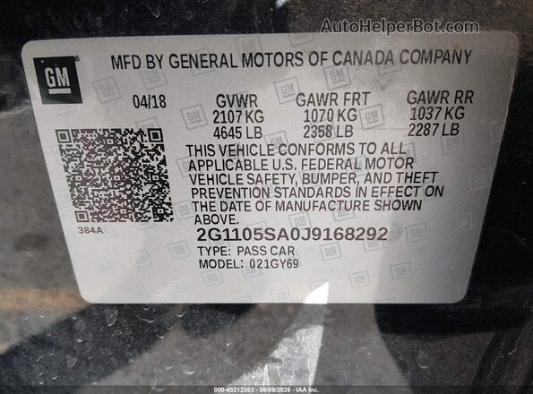 2G1105SA0J9168292 2018 CHEVROLET IMPALA Black Widok komory silnika