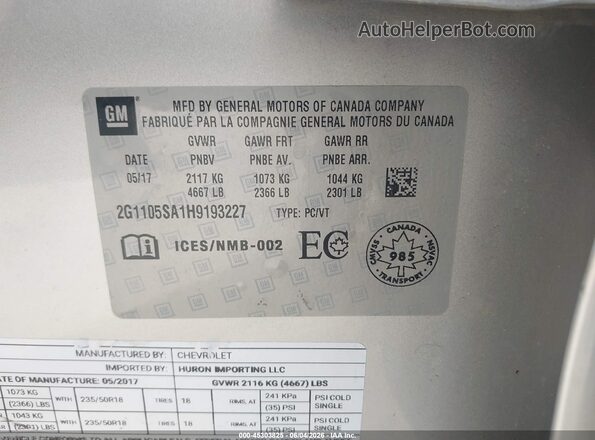 2G1105SA1H9193227 2017 CHEVROLET IMPALA Silver Vista del compartimento del motor