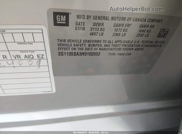 2G1105SA3H9102653 2017 CHEVROLET IMPALA Белый Вид подкапотного пространства