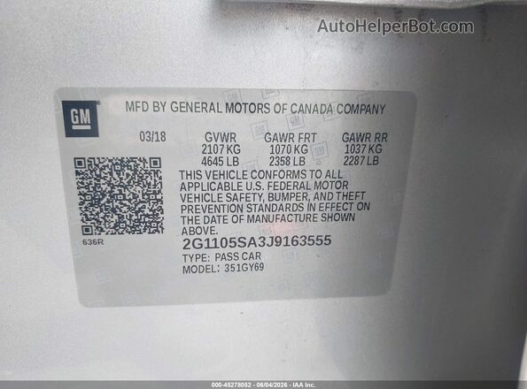 2G1105SA3J9163555 2018 CHEVROLET IMPALA Silver ძრავის განყოფილების ხედი