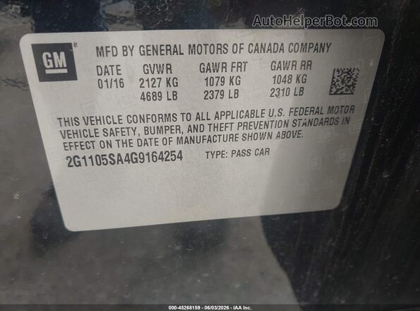 2G1105SA4G9164254 2016 CHEVROLET IMPALA Black Widok komory silnika