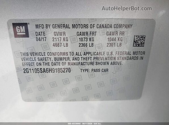 2G1105SA6H9185270 2017 CHEVROLET IMPALA Silver ძრავის განყოფილების ხედი