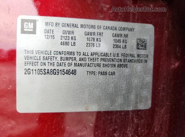 2G1105SA8G9154648 2016 CHEVROLET IMPALA Maroon Vista de la etiqueta del VIN