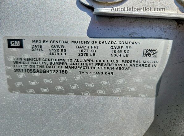 2G1105SA8G9172180 2016 CHEVROLET IMPALA Silver VIN კოდის სტიკერის ხედი