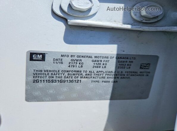 2G1115S31G9136121 2016 CHEVROLET IMPALA White Vista de la etiqueta del VIN