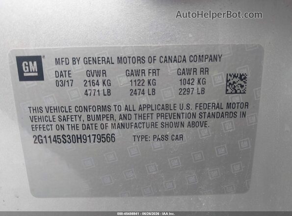 2G1145S30H9179566 2017 CHEVROLET IMPALA White Widok komory silnika