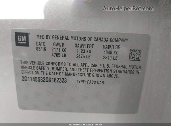 2G1145S32G9182323 2016 CHEVROLET IMPALA Серебряный Вид подкапотного пространства