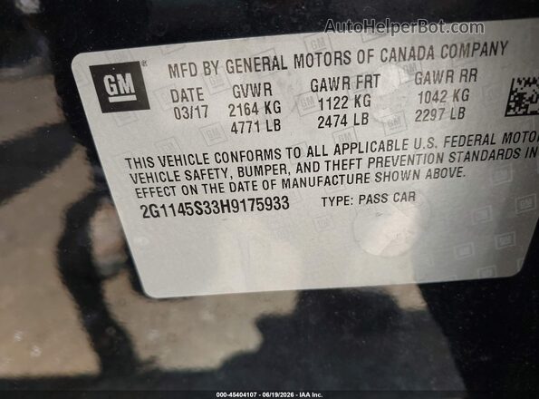 2G1145S33H9175933 2017 CHEVROLET IMPALA Черный Вид подкапотного пространства