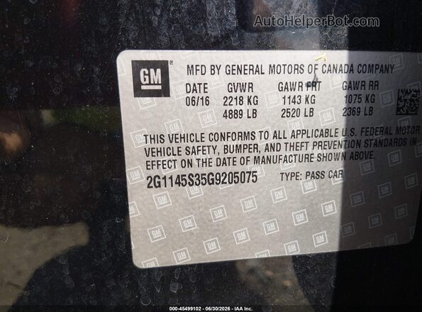 2G1145S35G9205075 2016 CHEVROLET IMPALA Black Engine compartment view