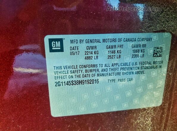 2G1145S38H9192016 2017 CHEVROLET IMPALA Burgundy Widok komory silnika