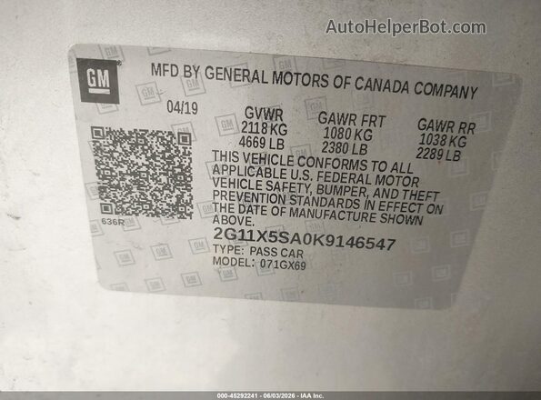 2G11X5SA0K9146547 2019 CHEVROLET IMPALA Silver ძრავის განყოფილების ხედი