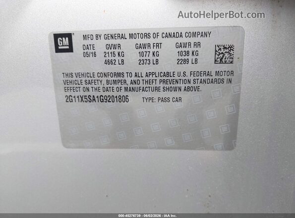 2G11X5SA1G9201806 2016 CHEVROLET IMPALA Silver Engine compartment view