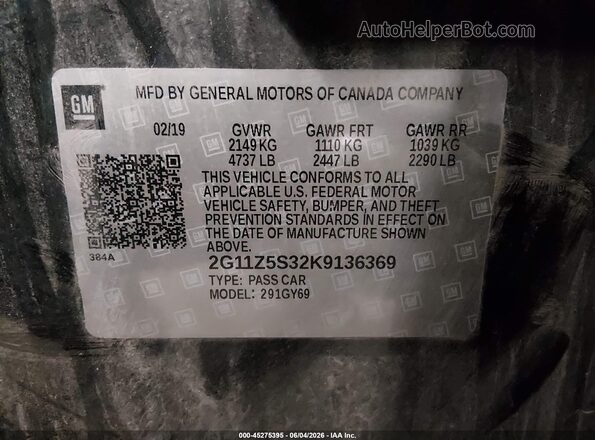 2G11Z5S32K9136369 2019 CHEVROLET IMPALA Black ძრავის განყოფილების ხედი