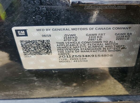 2G11Z5S34K9154808 2019 CHEVROLET IMPALA Black VIN კოდის სტიკერის ხედი