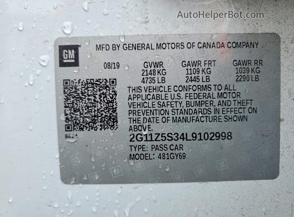 2G11Z5S34L9102998 2020 CHEVROLET IMPALA White VIN կոդի պիտակի տեսք