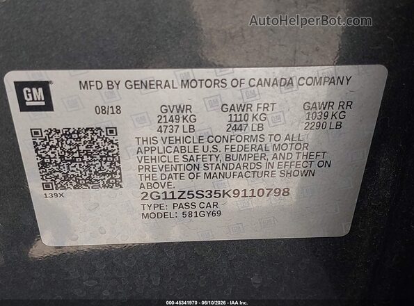 2G11Z5S35K9110798 2019 CHEVROLET IMPALA Gray Widok komory silnika