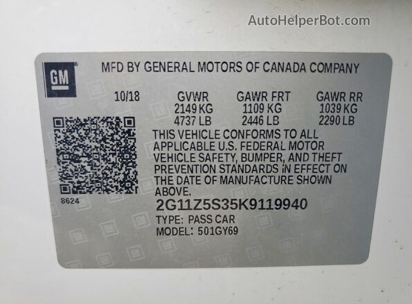 2G11Z5S35K9119940 2019 CHEVROLET IMPALA White VIN sticker view