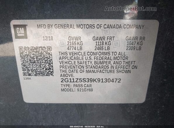 2G11Z5S39K9130472 2019 CHEVROLET IMPALA Gray ძრავის განყოფილების ხედი