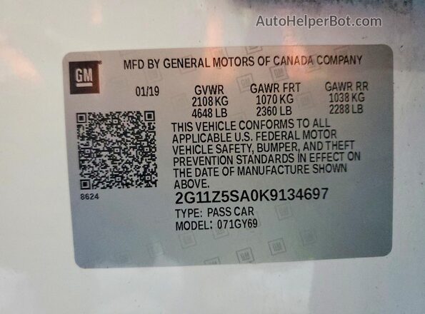 2G11Z5SA0K9134697 2019 CHEVROLET IMPALA White Engine compartment view