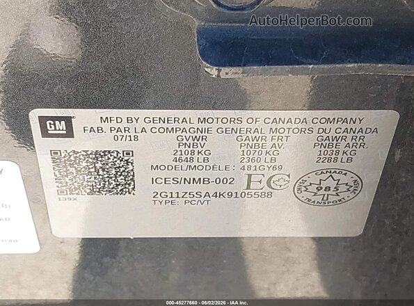 2G11Z5SA4K9105588 2019 CHEVROLET IMPALA Black Vista del compartimento del motor