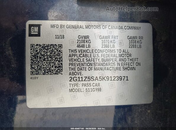 2G11Z5SA5K9123971 2019 CHEVROLET IMPALA Blue Engine compartment view