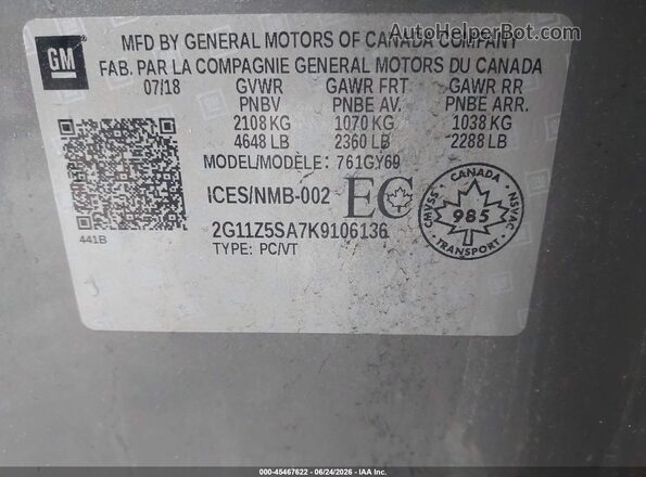 2G11Z5SA7K9106136 2019 CHEVROLET IMPALA Gray Widok komory silnika