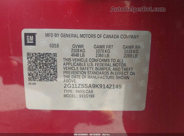 2G11Z5SA9K9142149 2019 CHEVROLET IMPALA Red Vista del compartimento del motor