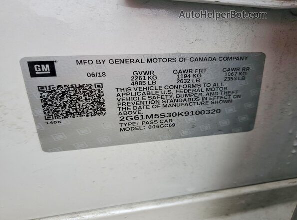 2G61M5S30K9100320 2019 CADILLAC XTS White Widok naklejki z numerem VIN