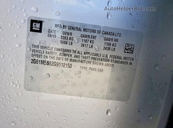 2G61M5S32G9112153 2016 CADILLAC XTS Silver Вид наклейки з VIN-кодом