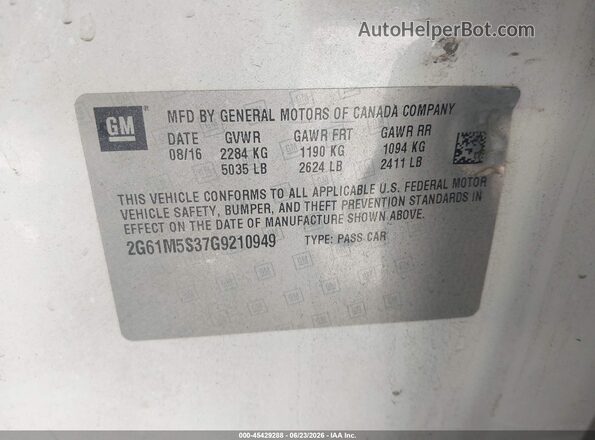 2G61M5S37G9210949 2016 CADILLAC XTS White Вид підкапотного простору
