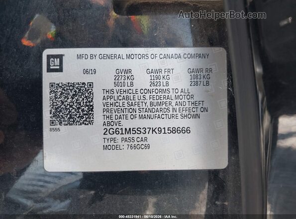 2G61M5S37K9158666 2019 CADILLAC XTS Black Engine compartment view