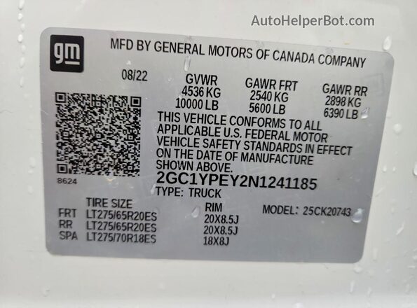 2GC1YPEY2N1241185 2022 CHEVROLET SILVERADO White Вид наклейки з VIN-кодом