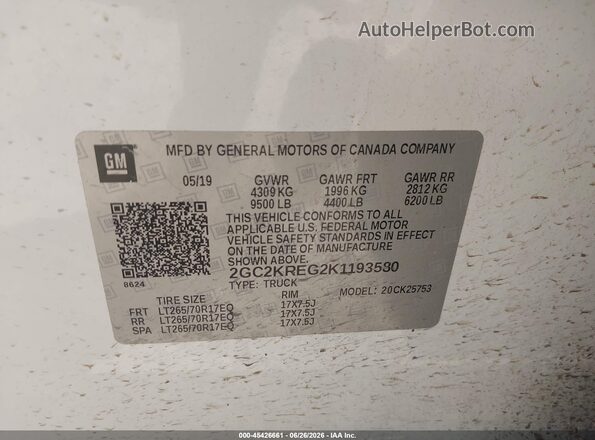 2GC2KREG2K1193580 2019 CHEVROLET SILVERADO White Շարժիչի բաժամունքի տեսք