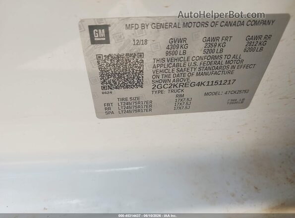 2GC2KREG4K1151217 2019 CHEVROLET SILVERADO Белый Вид наклейки с VIN-кодом