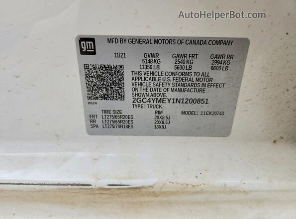 2GC4YMEY1N1200851 2022 CHEVROLET SILVERADO Белый 