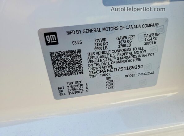 2GCPAEED7S1189354 2025 CHEVROLET SILVERADO White VIN կոդի պիտակի տեսք