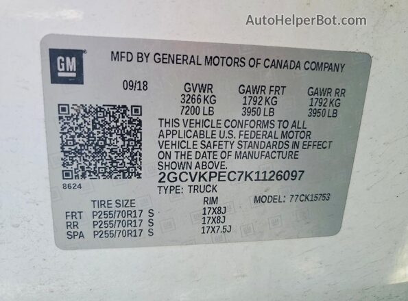 2GCVKPEC7K1126097 2019 CHEVROLET SILVERADO White Вид наклейки з VIN-кодом