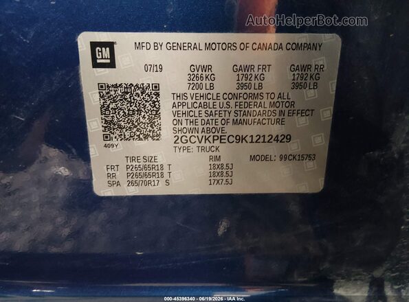 2GCVKPEC9K1212429 2019 CHEVROLET K1500 Blue Widok komory silnika