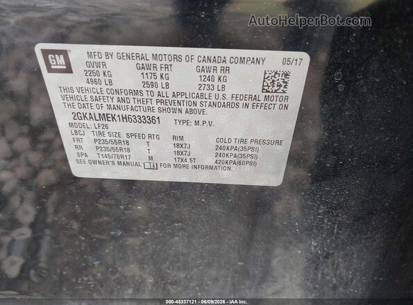 2GKALMEK1H6333361 2017 GMC TERRAIN Black ძრავის განყოფილების ხედი