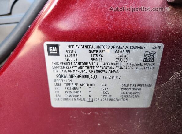 2GKALMEK4G6300496 2016 GMC TERRAIN Бордовый Вид наклейки с VIN-кодом
