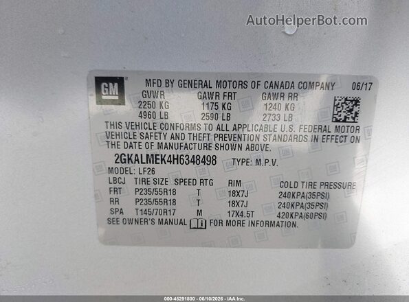 2GKALMEK4H6348498 2017 GMC TERRAIN Silver Շարժիչի բաժամունքի տեսք