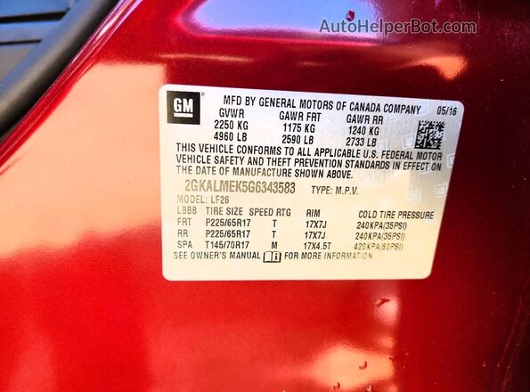 2GKALMEK5G6343583 2016 GMC TERRAIN Red Вид підкапотного простору