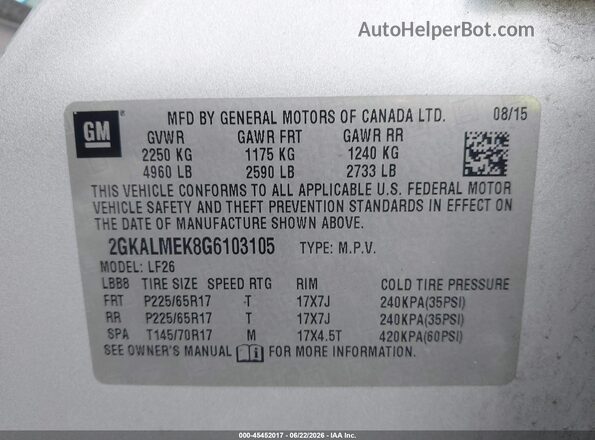 2GKALMEK8G6103105 2016 GMC TERRAIN Silver Engine compartment view