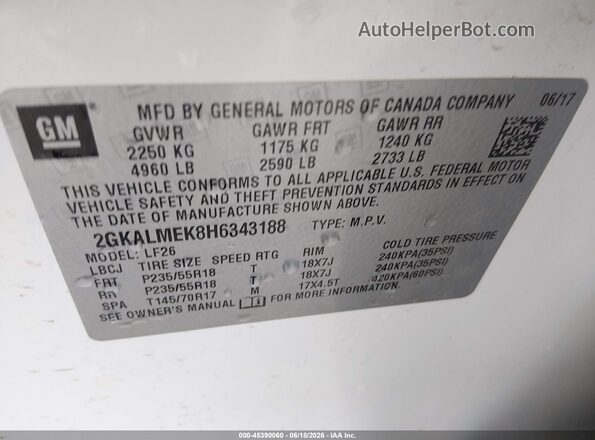 2GKALMEK8H6343188 2017 GMC TERRAIN White Vista del compartimento del motor