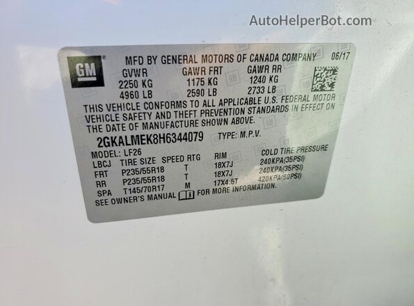 2GKALMEK8H6344079 2017 GMC TERRAIN White VIN კოდის სტიკერის ხედი