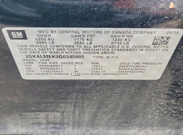 2GKALMEK9G6345885 2016 GMC TERRAIN Black Vista de la etiqueta del VIN