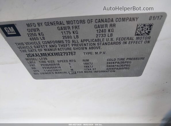 2GKALMEKXH6279767 2017 GMC TERRAIN White Vista del compartimento del motor