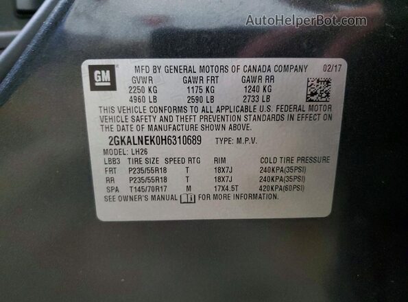 2GKALNEK0H6310689 2017 GMC TERRAIN Серый Вид наклейки с VIN-кодом