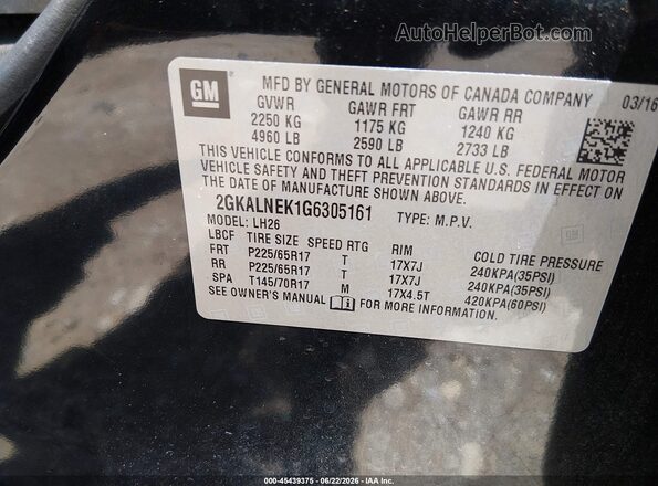 2GKALNEK1G6305161 2016 GMC TERRAIN Black Vista del compartimento del motor