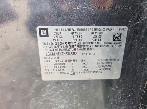 2GKALNEK2H6333388 2017 GMC TERRAIN Gray Widok wnętrza 360 stopni
